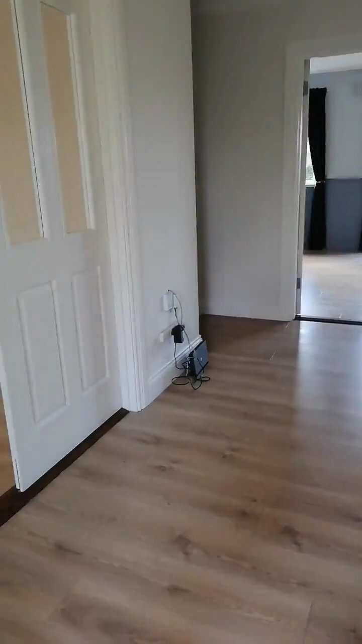 a hallway with white walls, a door into the living area and a door into dining area, light brown laminate flooring